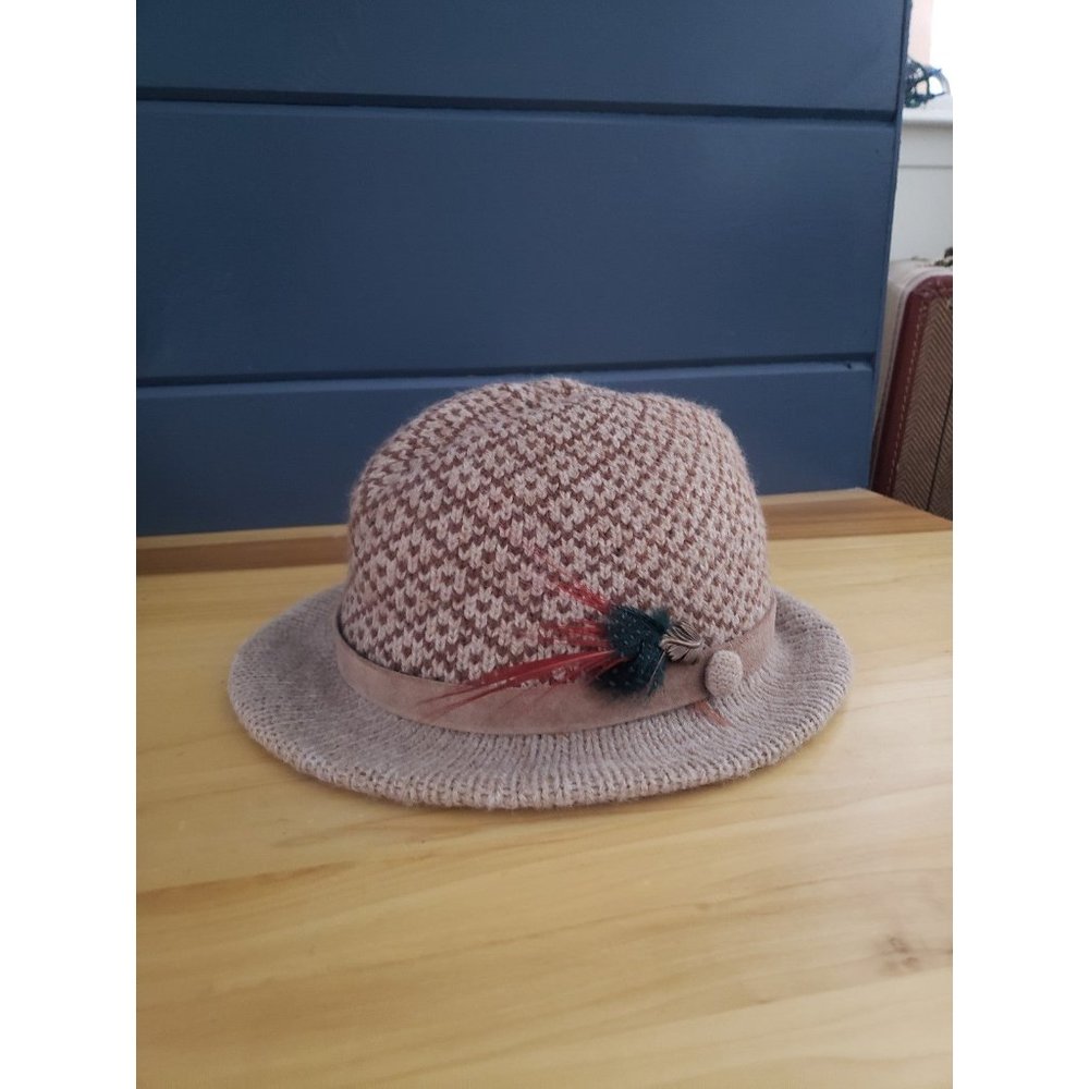 Vintage Pink and Tan Houndstooth Hat with Feather